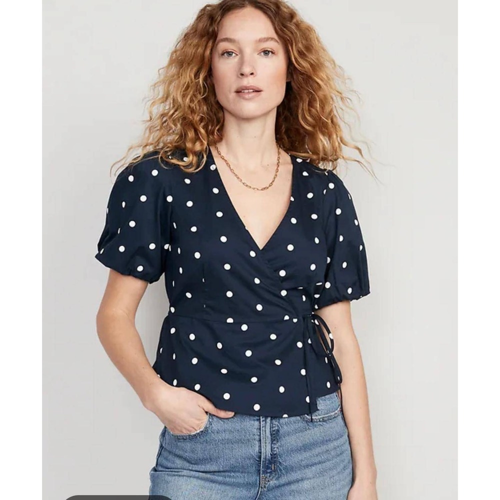 Old Navy Womens Navy Blue Polka Dot Puff Sleeve Wrap Peplum Blouse Top Size‎ L